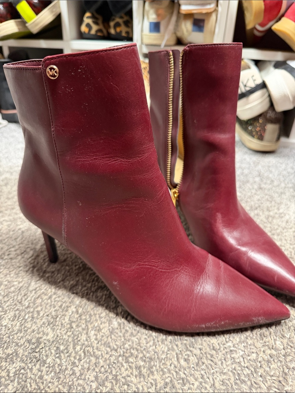Michael Kors Wine Leather Pointed Toe Ankle Booties